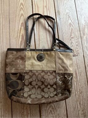 Coach Signature Patchwork Tote Bag - wear on handles in pics